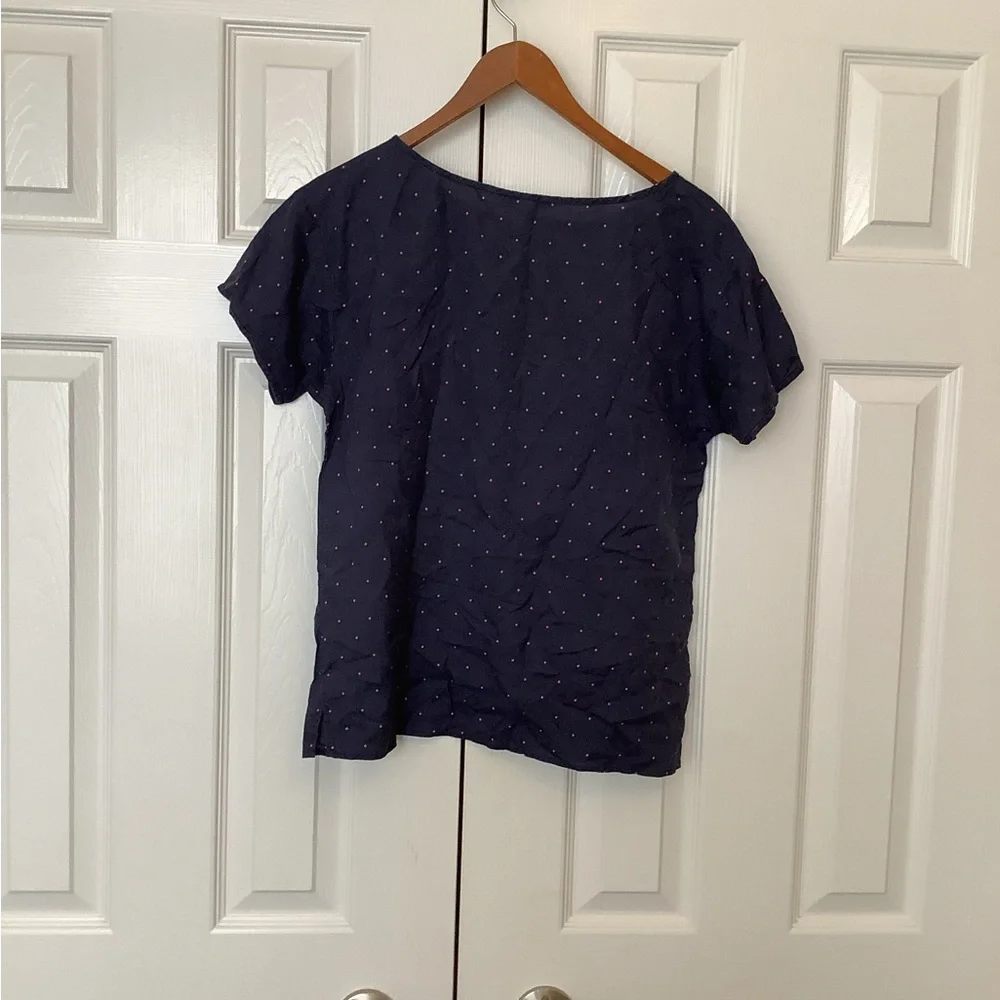J. Crew Navy Pink Polka Dot Silk Shirt Sleeve Top XS